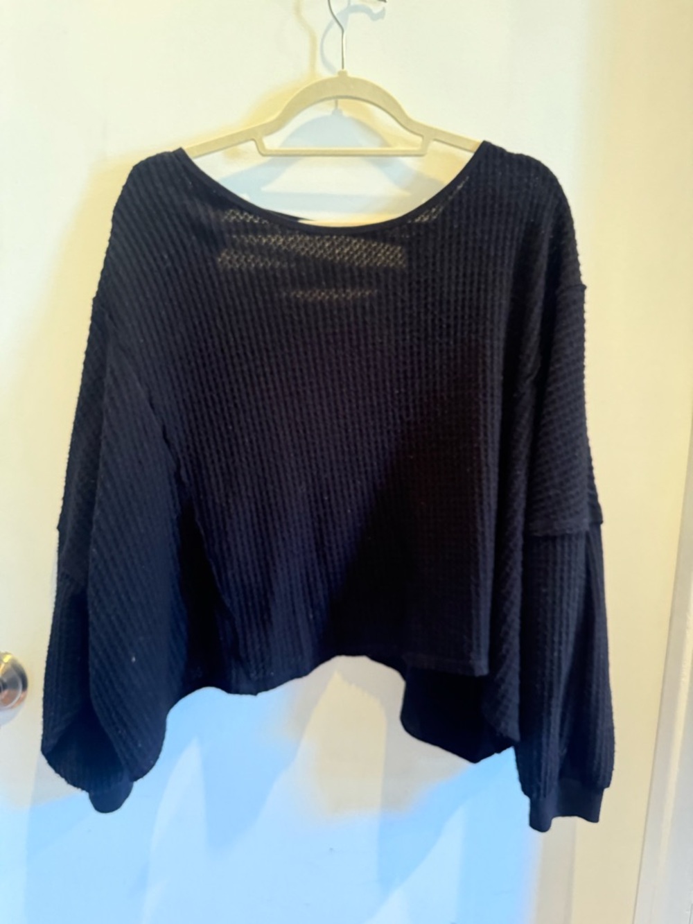 Free People Black Waffle Knit Long Sleeve Top